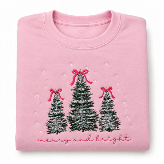 Merry and Bright Embroidered pink crewneck
