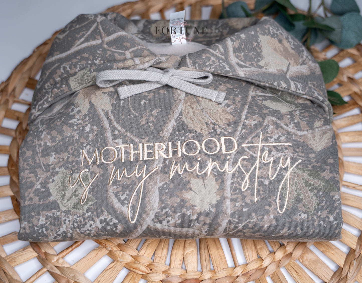 Embroidered "Motherhood is my Ministry" deadwood camo hoodie