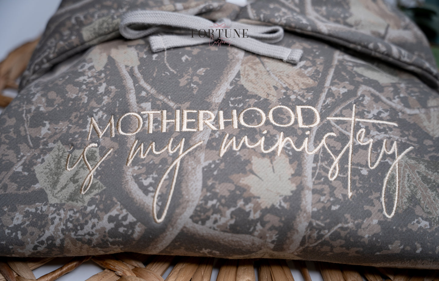 Embroidered "Motherhood is my Ministry" deadwood camo hoodie