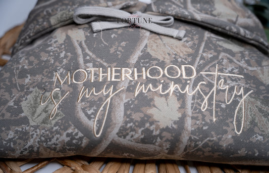 Embroidered "Motherhood is my Ministry" deadwood camo hoodie