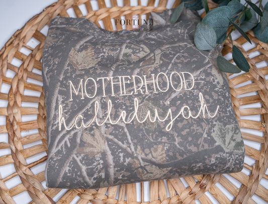 Embroidered "Motherhood, Hallelujah" Deadwood Camo Crewneck