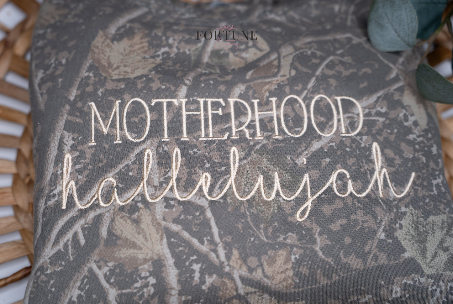 Embroidered "Motherhood, Hallelujah" Deadwood Camo Crewneck