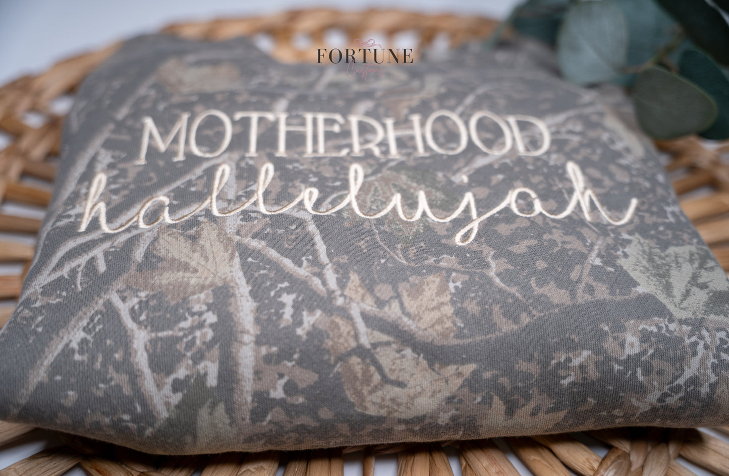 Embroidered "Motherhood, Hallelujah" Deadwood Camo Crewneck