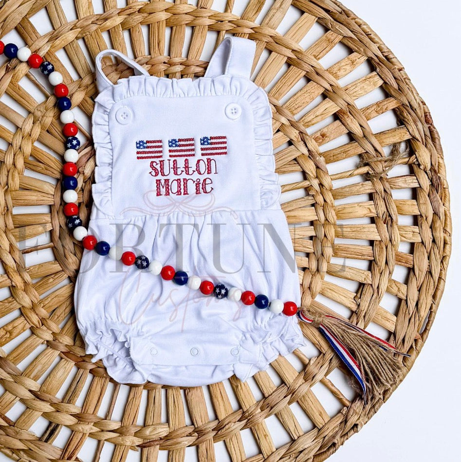 Personalized American flag embroidered bubble romper