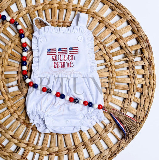 Personalized American flag embroidered bubble romper