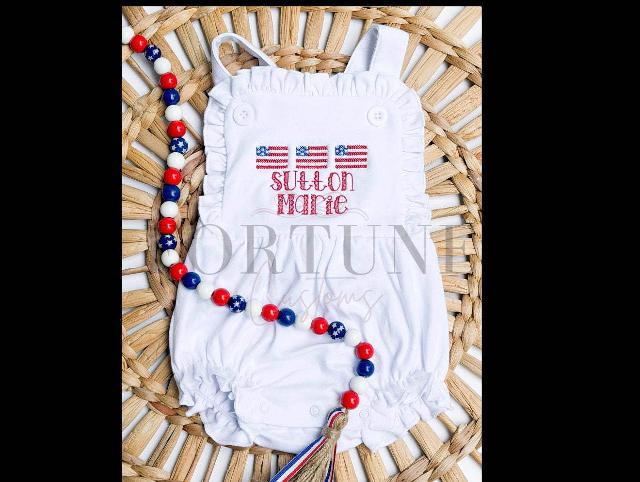 Personalized American flag embroidered bubble romper
