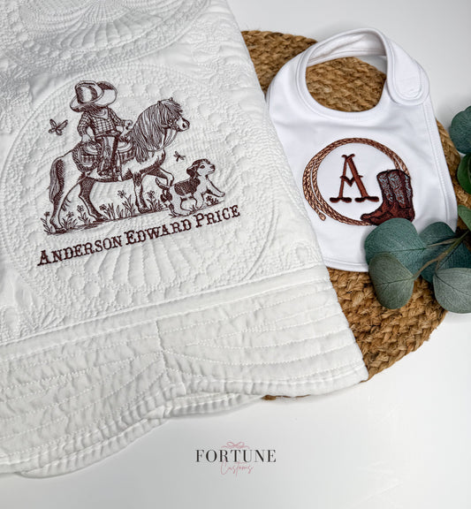 Personalized Western themed Heirloom Blanket and bib bundle