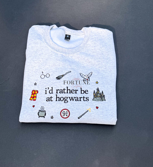 Embroidered "I'd rather be in Hogwarts" crewneck