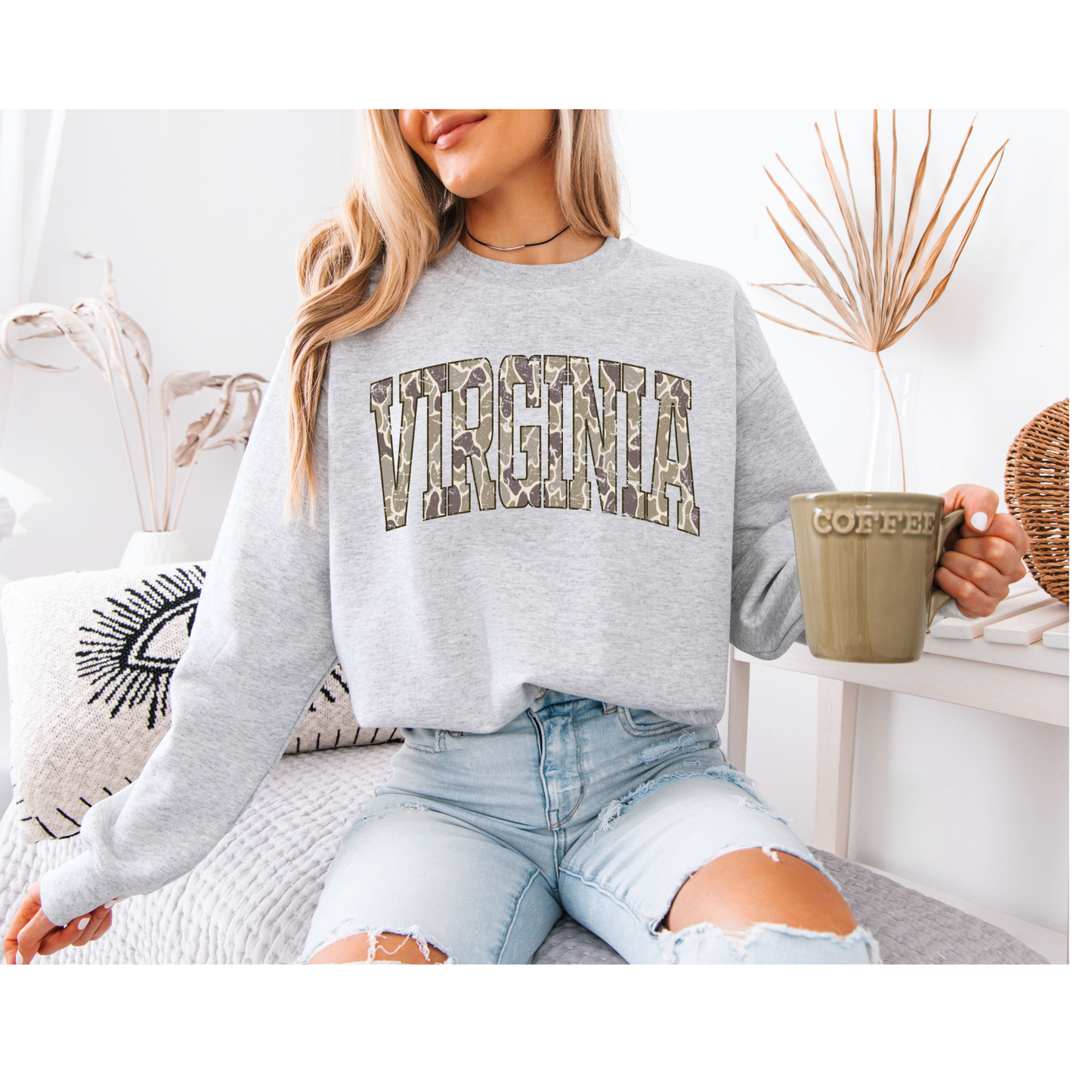 DTF Printed Distressed Virginia Camo Crewneck